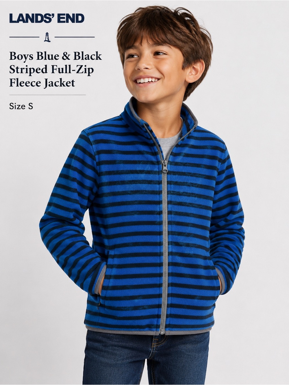 LANDS END boys Blue & Black Striped Full-Zip Fleece Jacket | Size S cozy winter